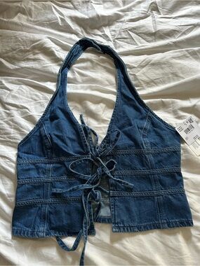 aerie Indigo Denim Halter Tie-Front Crop Top